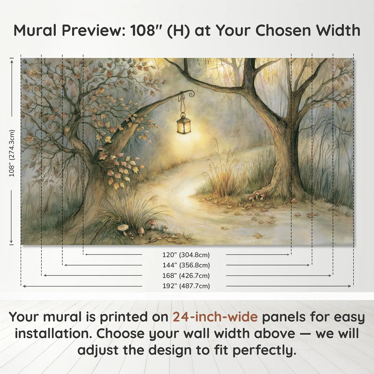 Panel layout and dimensions for Lantern Lit Path Wallpaper Mural by Whimsy Tots