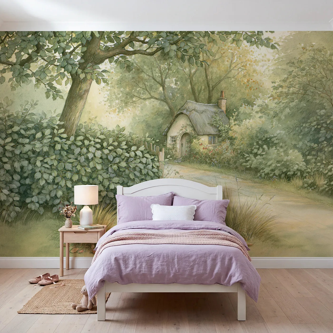 Storybook wall mural of a hedgerow cottage lane by Whimsy Tots
