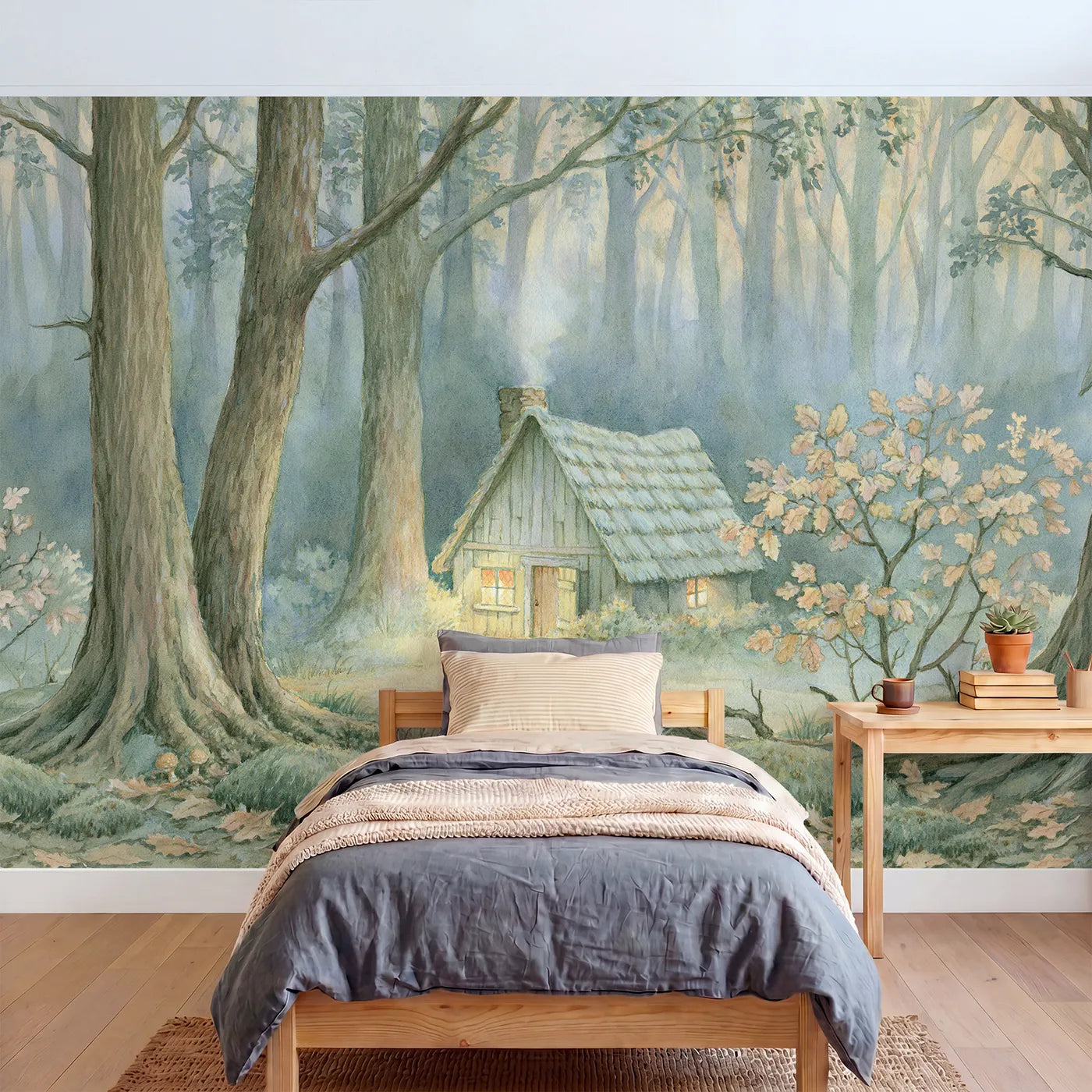 Storybook wall mural of a glowing woodland cabin by Whimsy Tots
