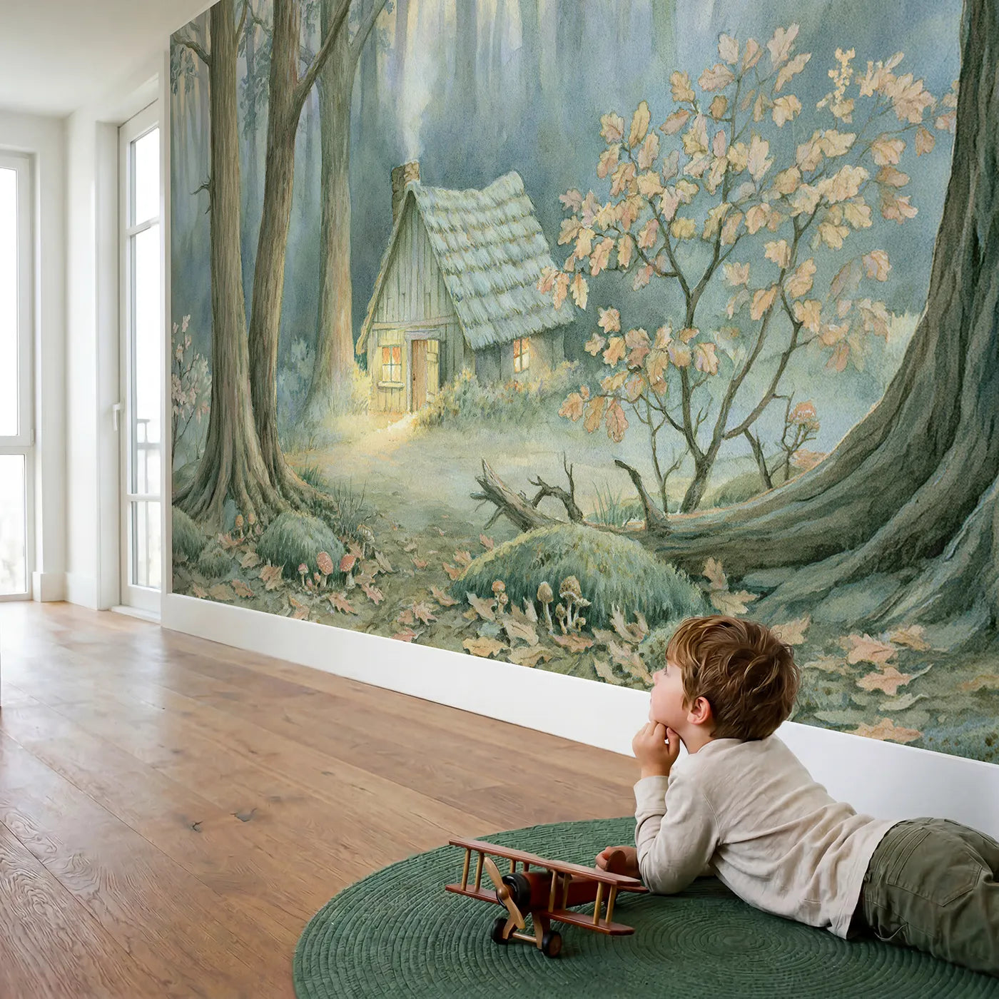 Child in nursery with Woodland Cabin Glow Wallpaper Mural by Whimsy Tots