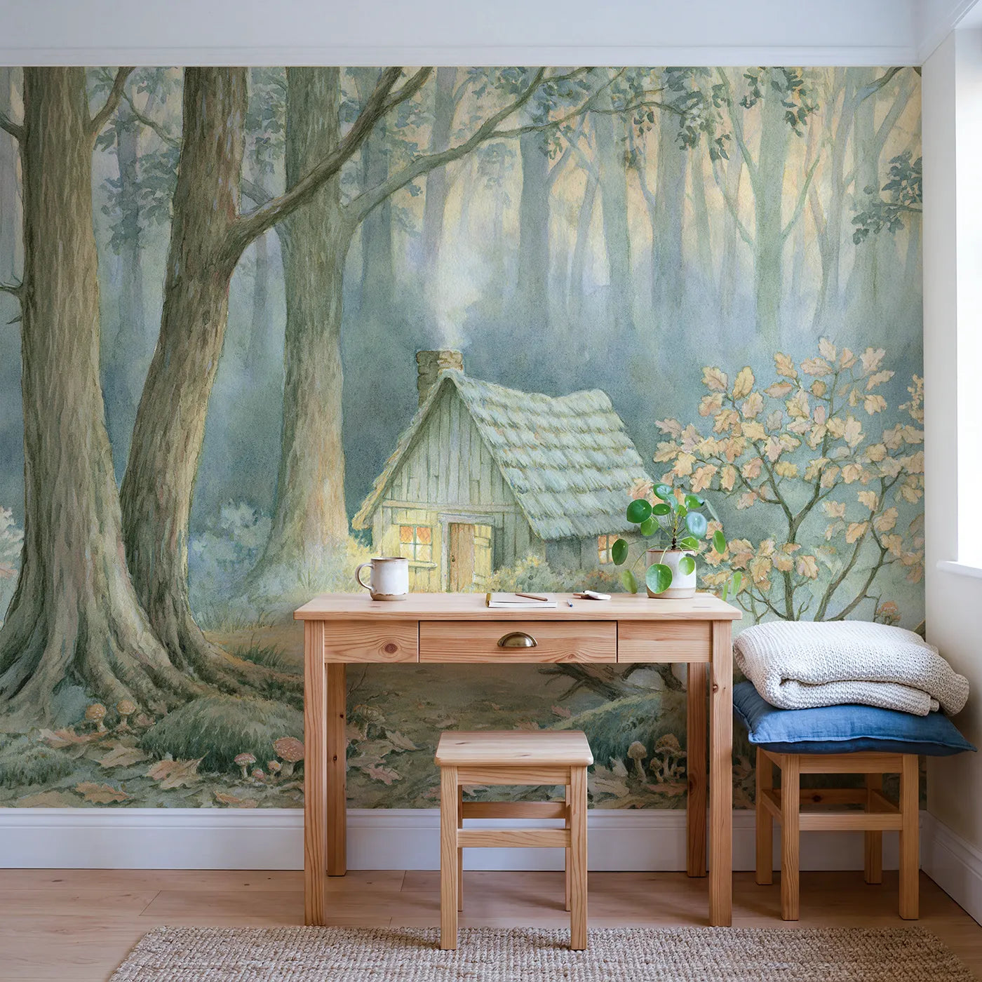 Woodland Cabin Glow Wallpaper Mural in playroom setting by Whimsy Tots