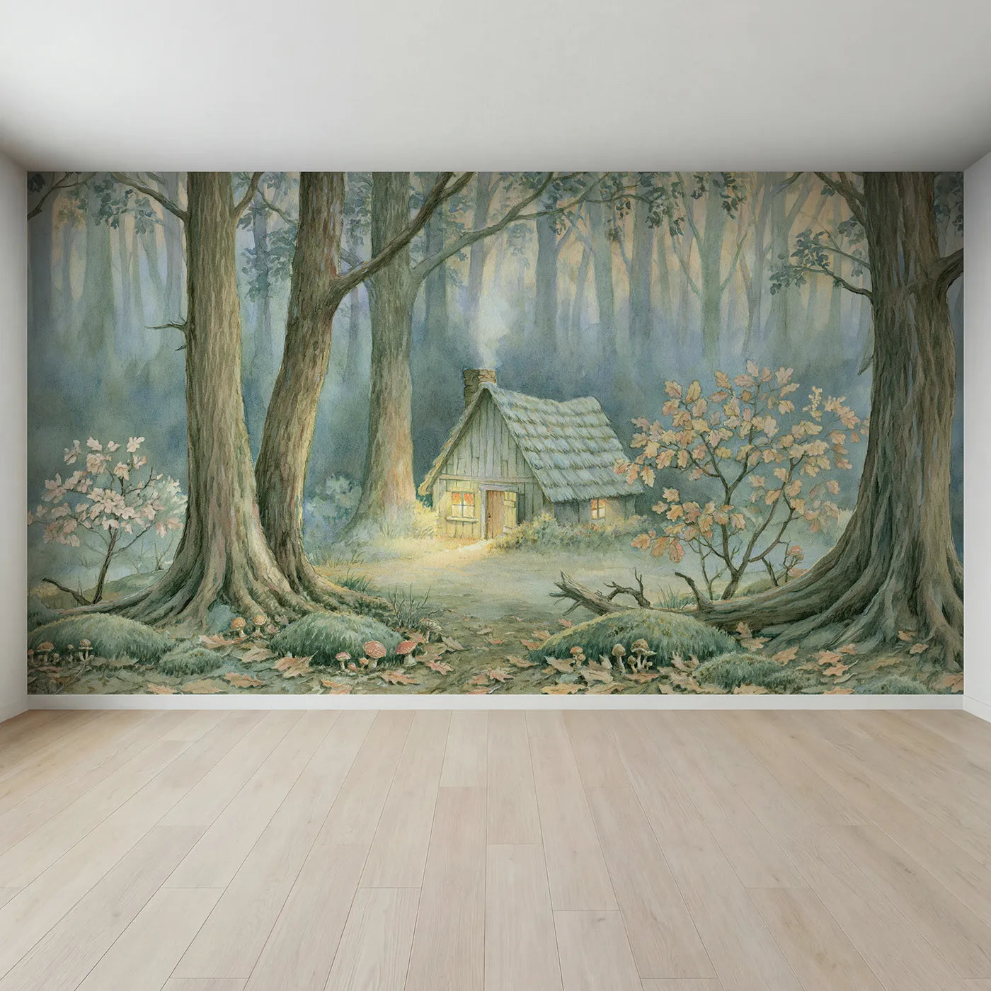 Full view of Woodland Cabin Glow Wallpaper Mural by Whimsy Tots
