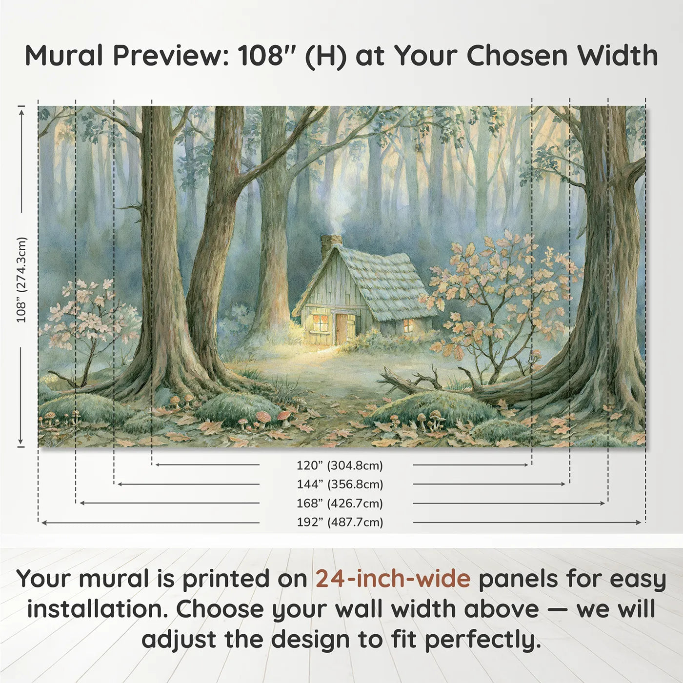 Panel layout and dimensions for Woodland Cabin Glow Wallpaper Mural by Whimsy Tots