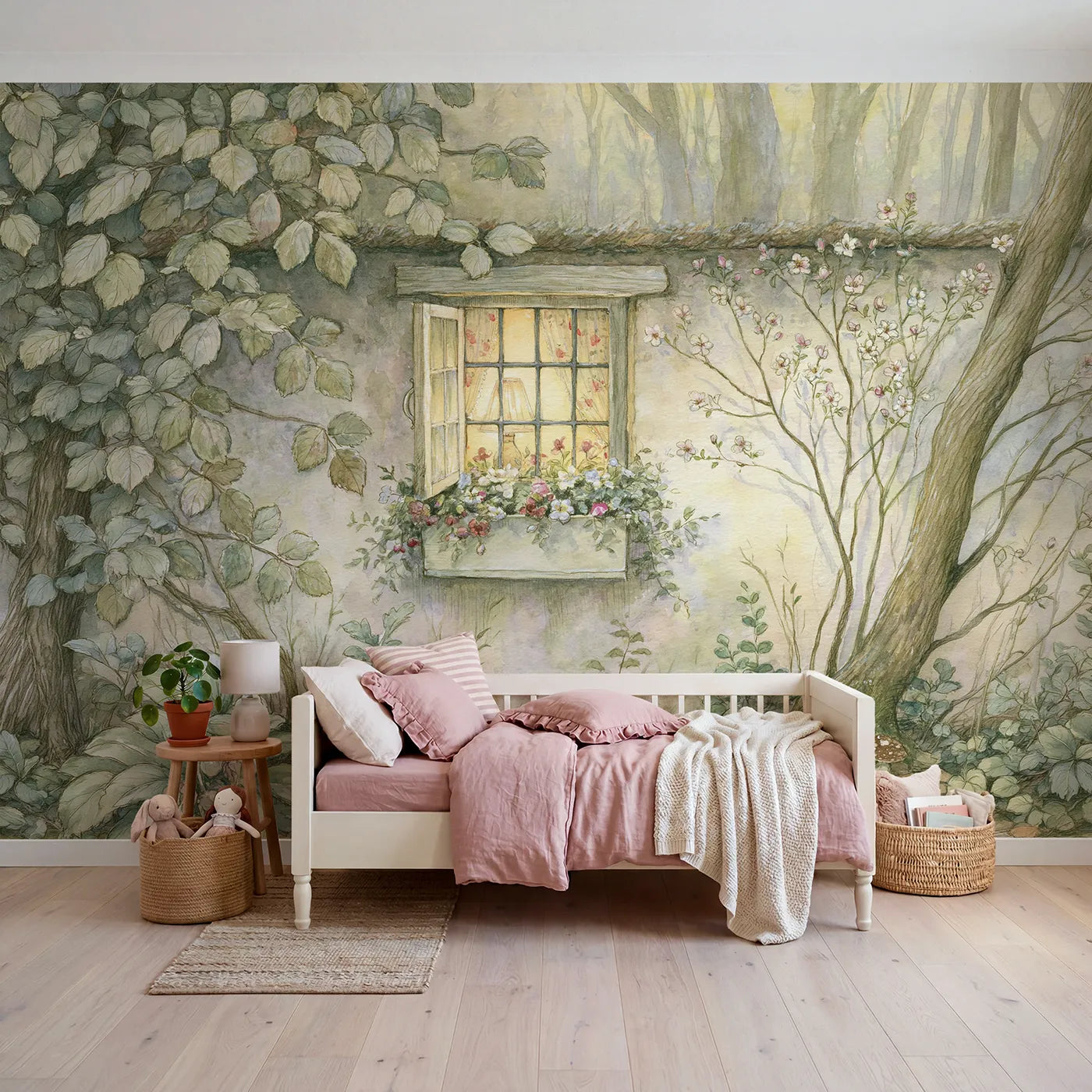 Storybook wall mural of a cottage window box by Whimsy Tots
