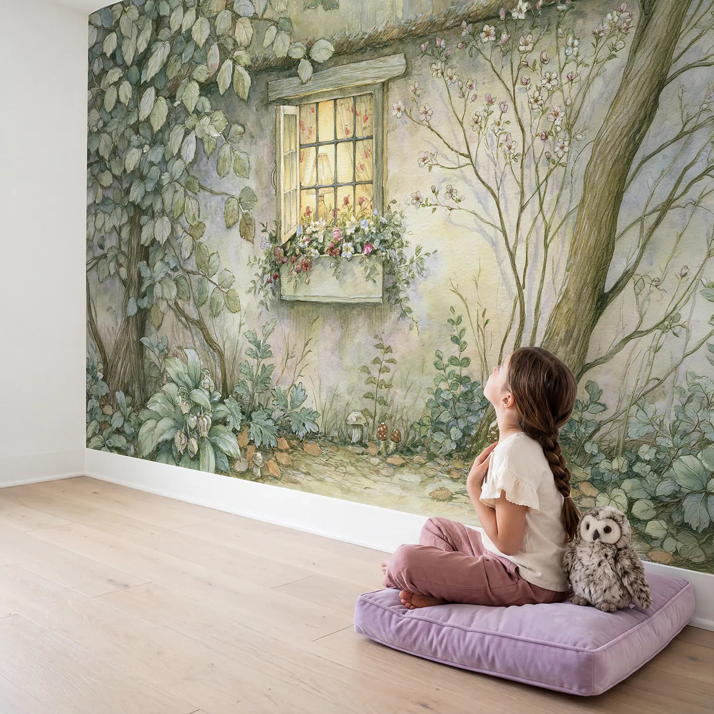 Child in nursery with Cottage Window Box Wallpaper Mural by Whimsy Tots