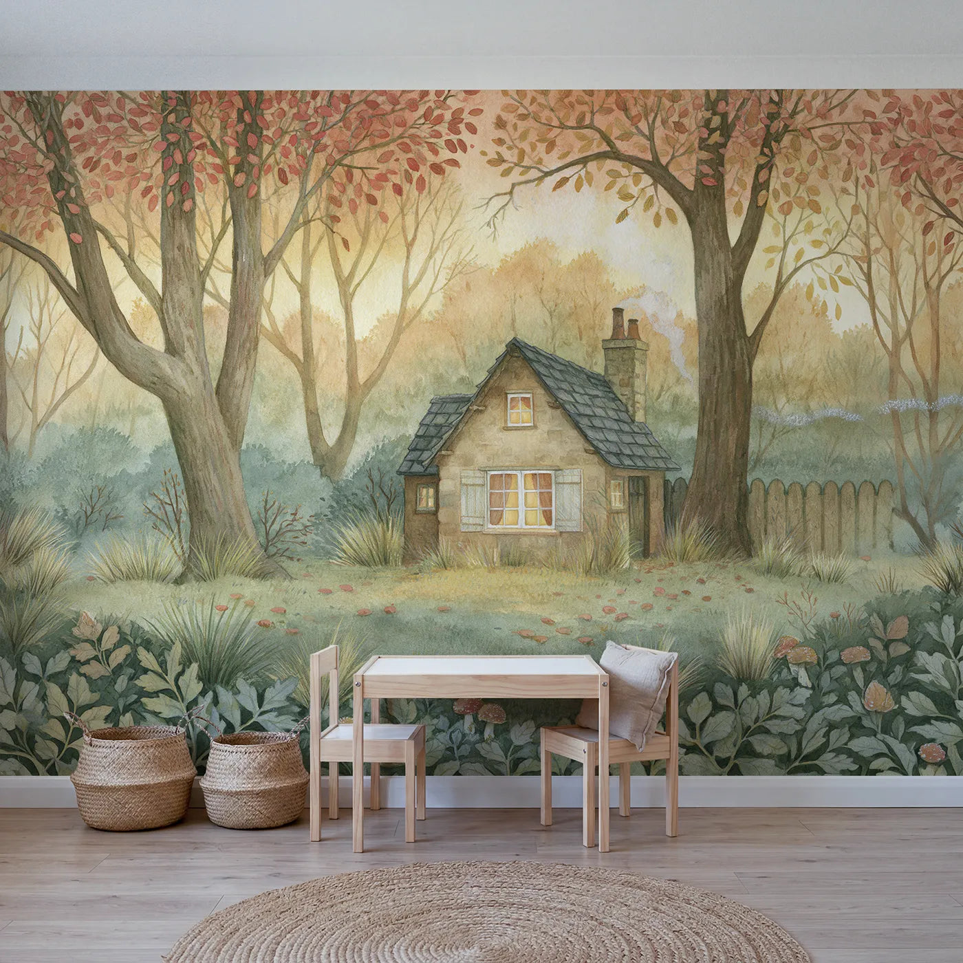 Storybook wall mural of a cottage in warm evening by Whimsy Tots