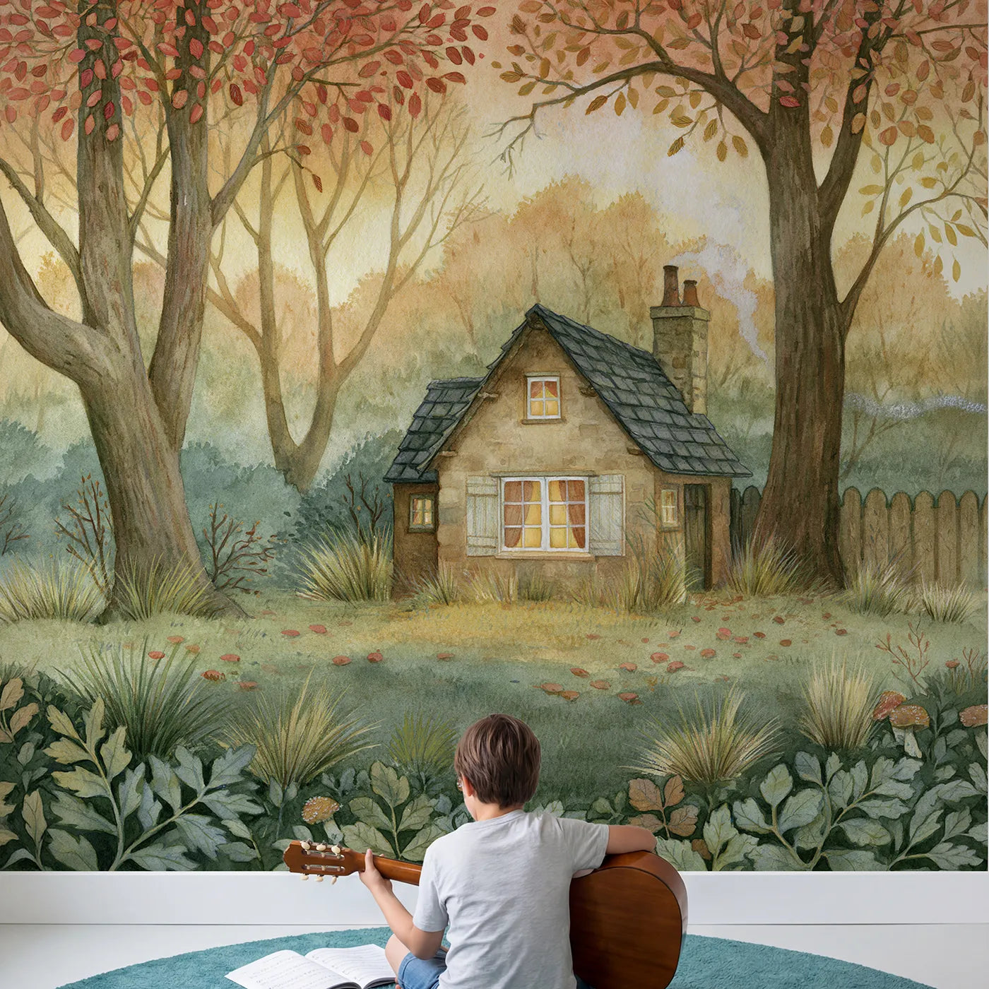 Child in nursery with Warm Cottage Evening Wallpaper Mural by Whimsy Tots