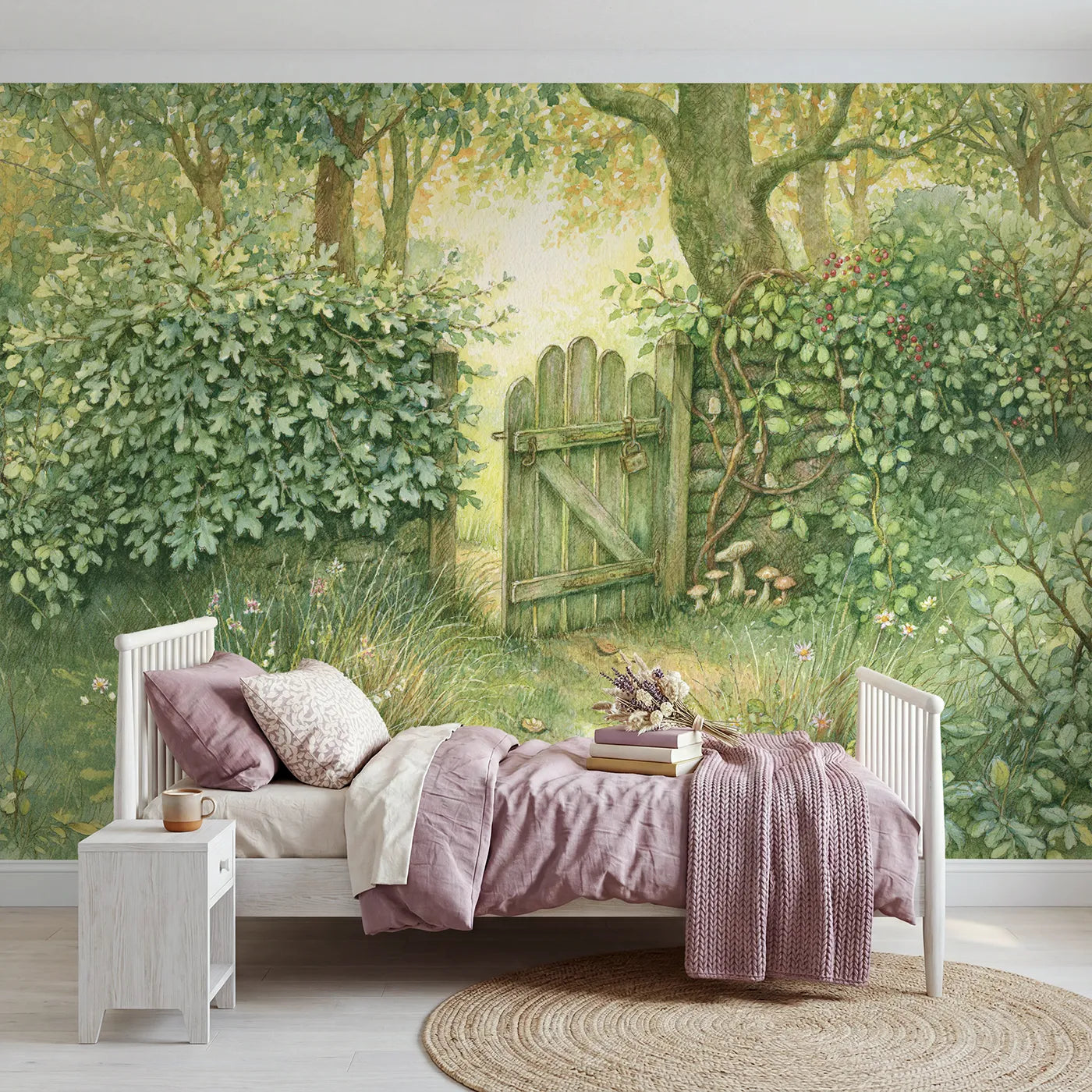 Storybook wall mural of a charming garden gate by Whimsy Tots