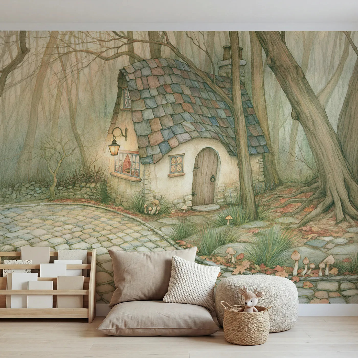 Storybook wall mural of a cobblestone cottage corner by Whimsy Tots
