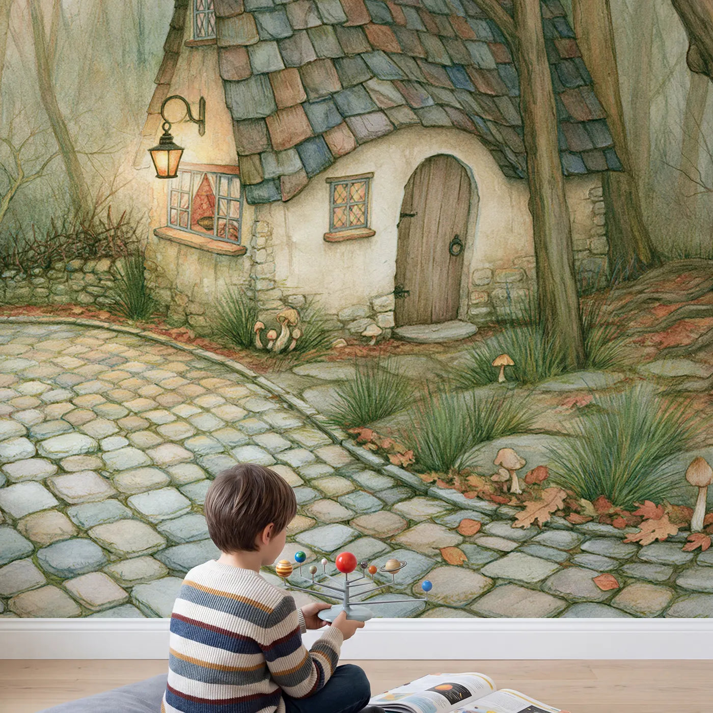Child in nursery with Cobblestone Cottage Corner Wallpaper Mural by Whimsy Tots