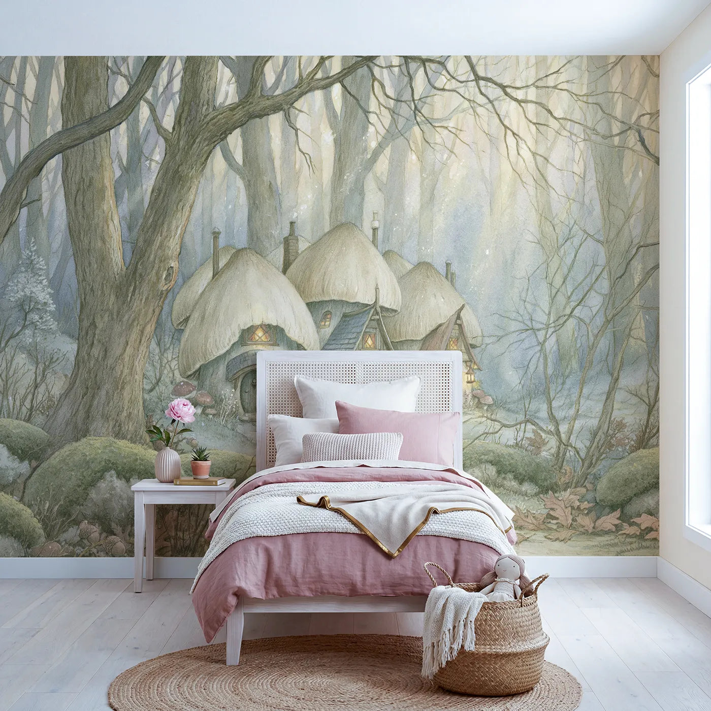Storybook wall mural of a mushroom cottage village by Whimsy Tots