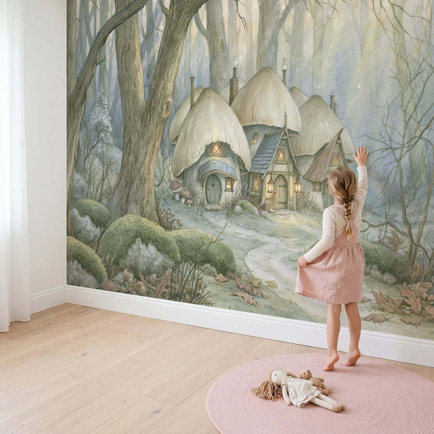 Child in nursery with Mushroom Cottage Village Wallpaper Mural by Whimsy Tots