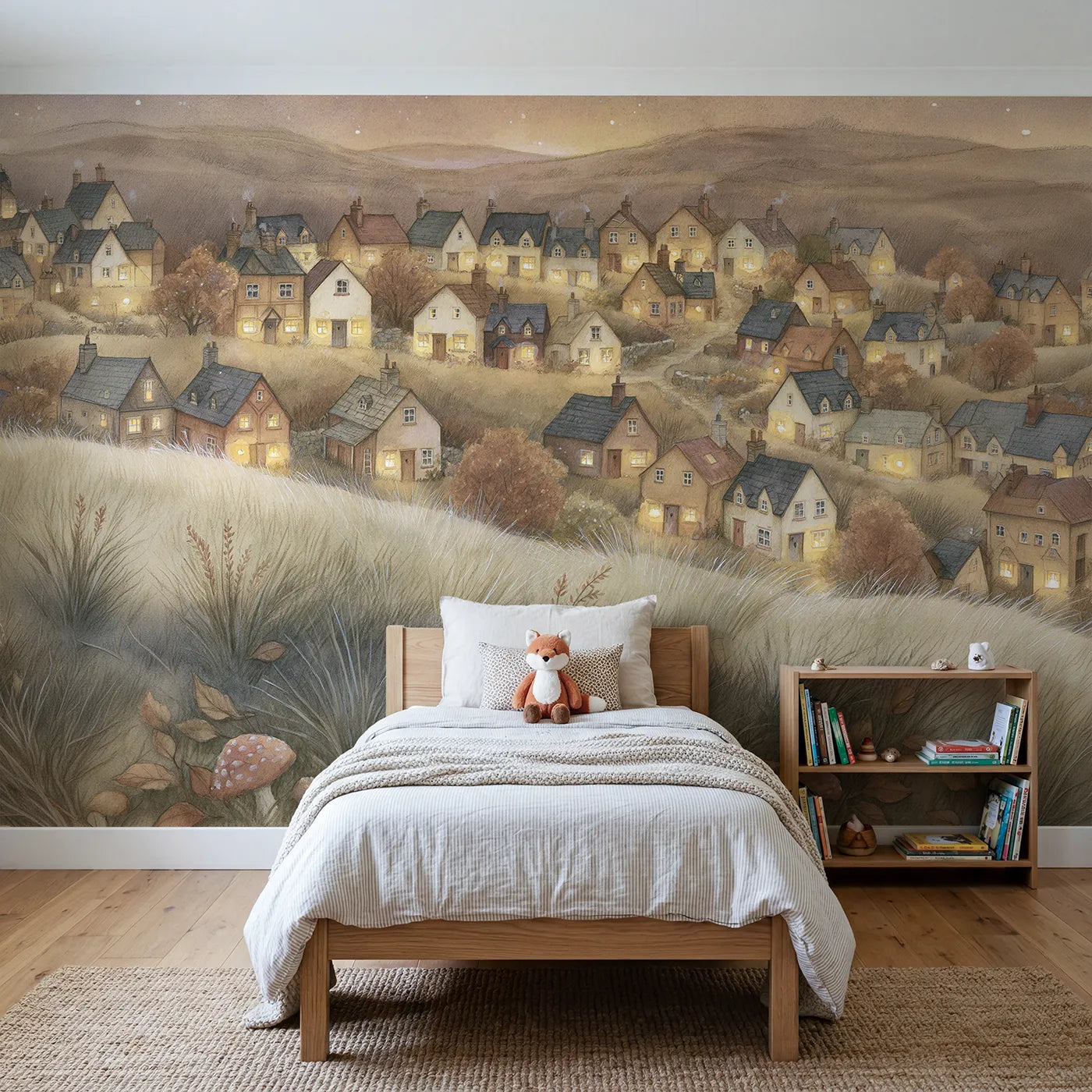 Storybook wall mural of a snug dusk hamlet by Whimsy Tots