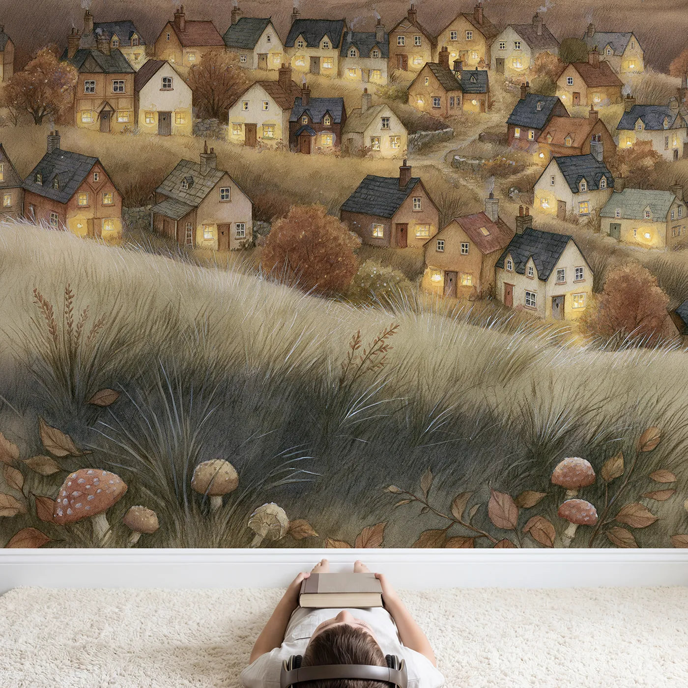 Child in nursery with Cozy Hamlet Dusk Wallpaper Mural by Whimsy Tots