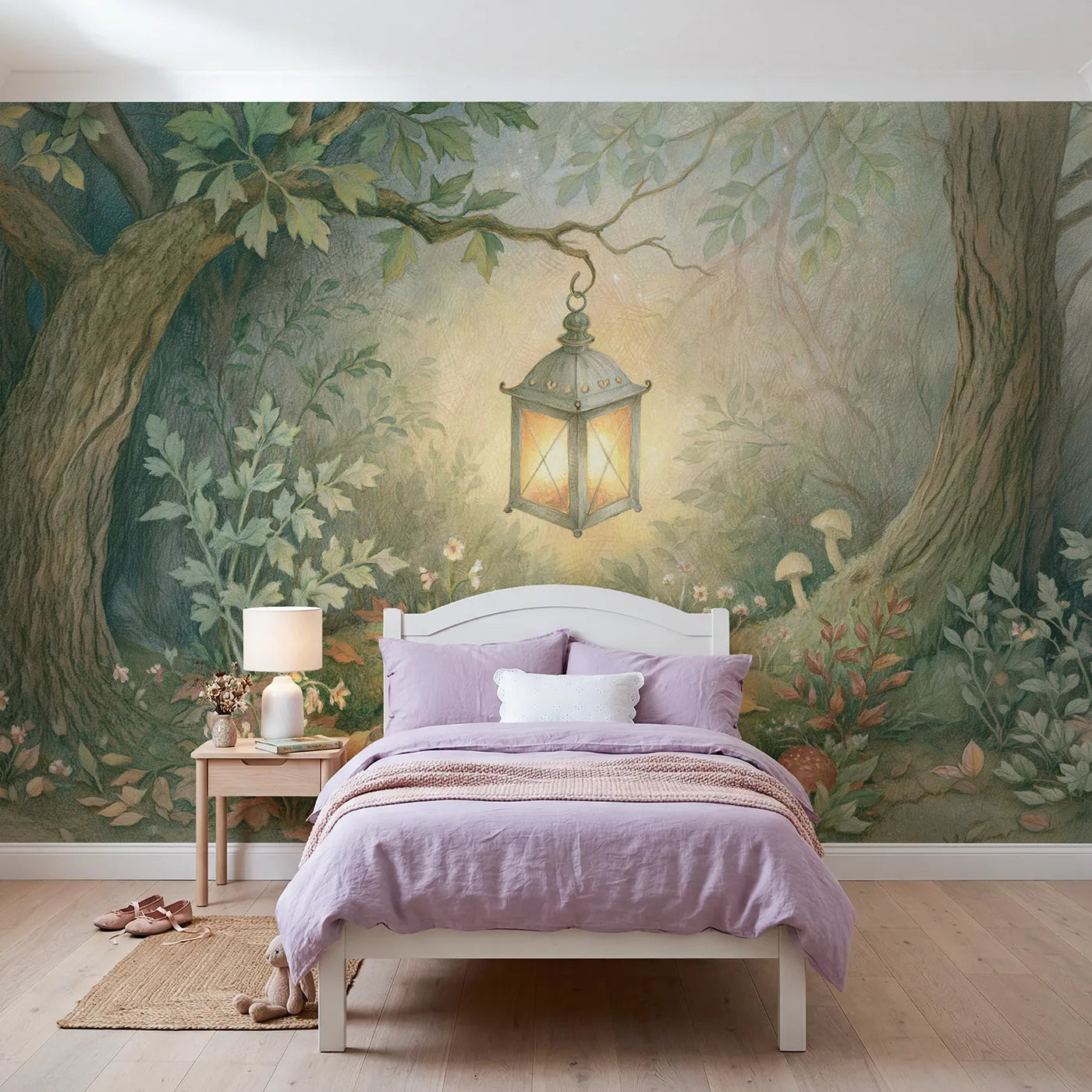Storybook wall mural of a lantern garden nook by Whimsy Tots