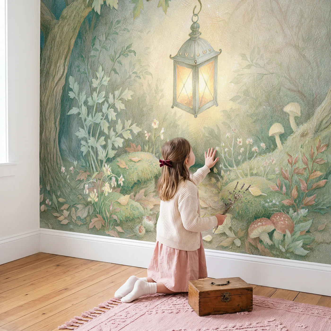 Child in nursery with Lantern Garden Nook Wallpaper Mural by Whimsy Tots