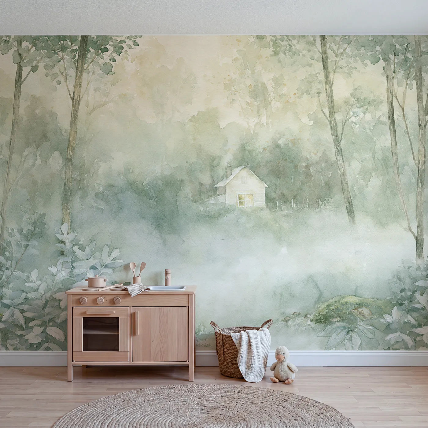 Storybook wall mural of a cottage in morning mist by Whimsy Tots