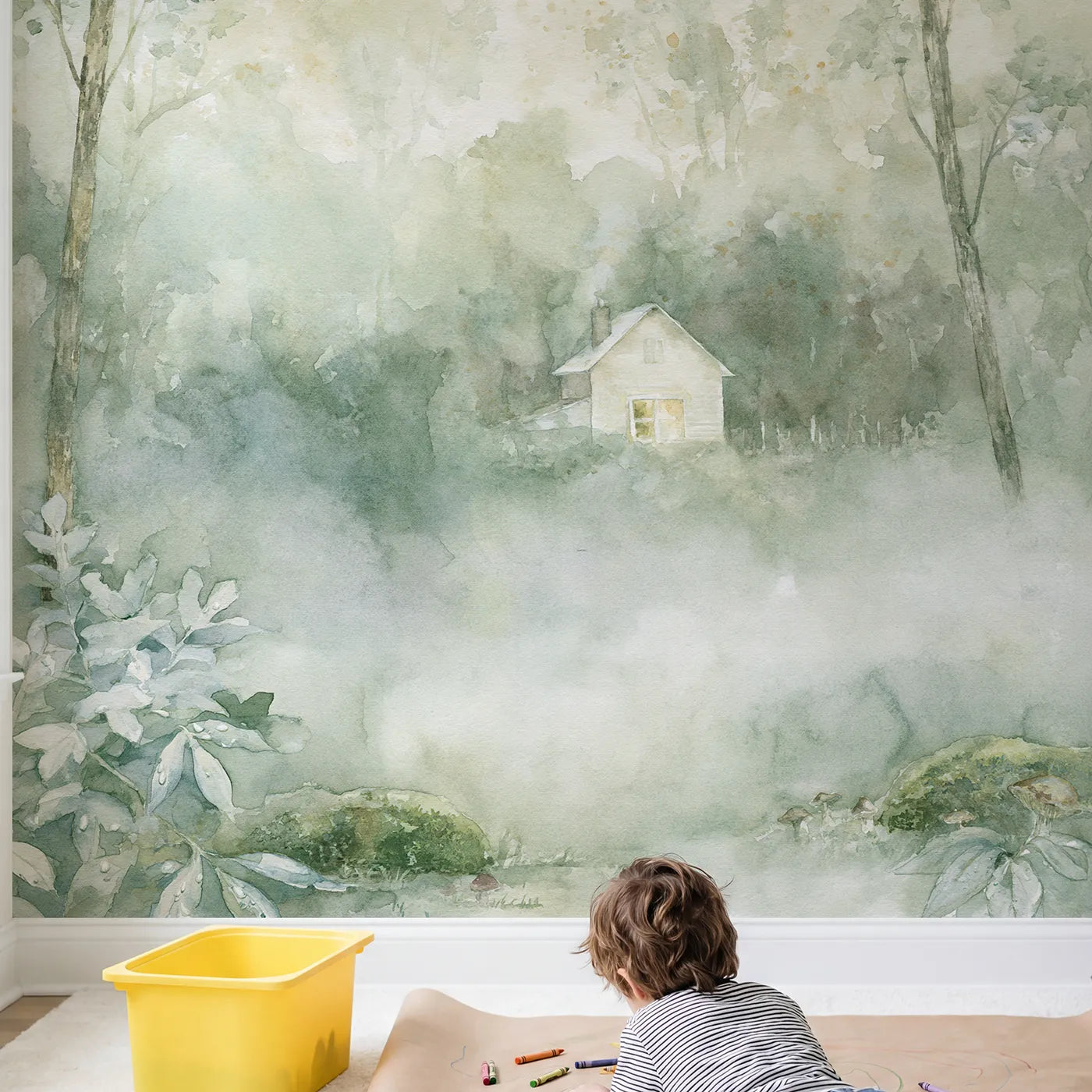 Child in nursery with Misty Cottage Morning Wallpaper Mural by Whimsy Tots