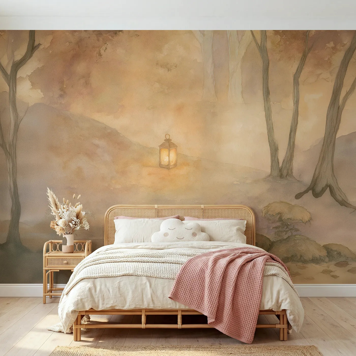 Storybook wall mural of a soft glowing lantern by Whimsy Tots