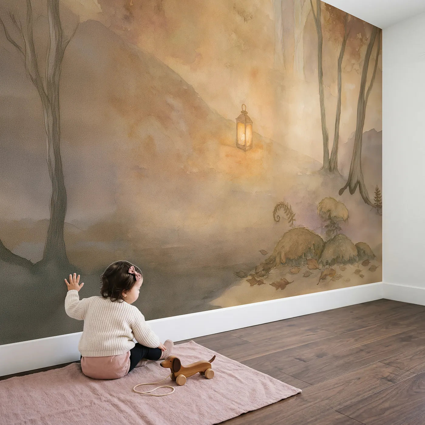 Child in nursery with Soft Lantern Glow Wallpaper Mural by Whimsy Tots