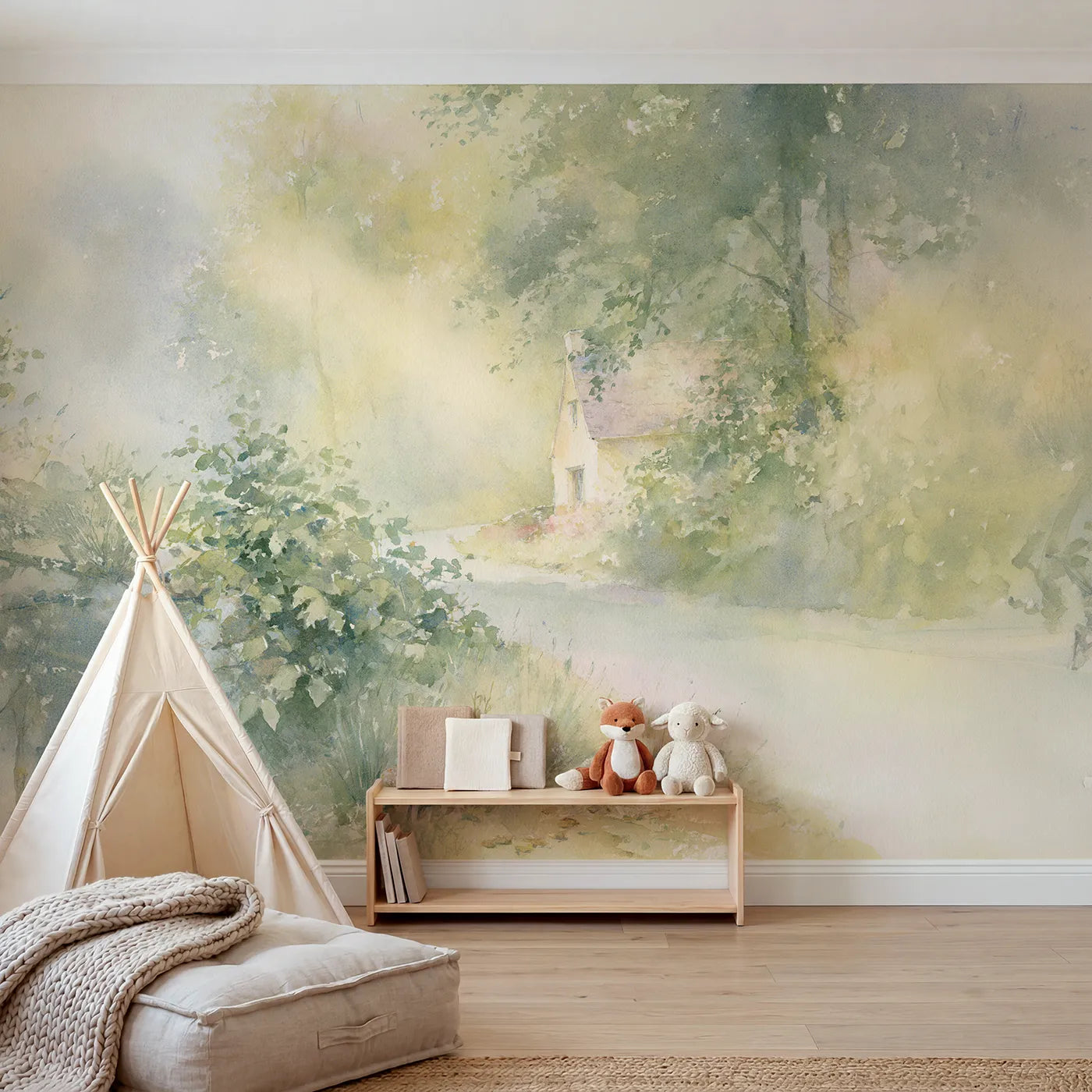 Storybook wall mural of a hazy hedgerow lane by Whimsy Tots
