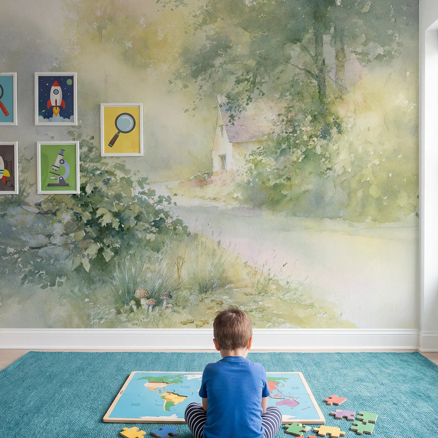 Child in nursery with Hazy Hedgerow Lane Wallpaper Mural by Whimsy Tots