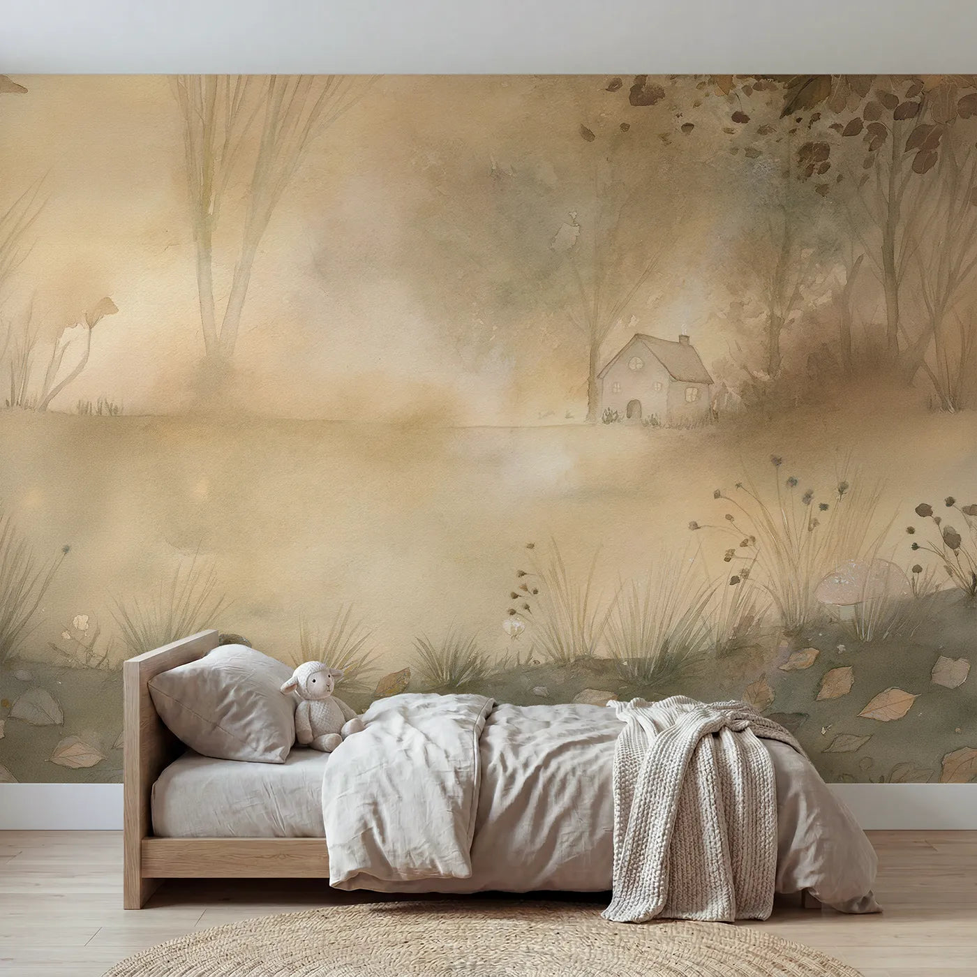Storybook wall mural of a cottage in golden dusk by Whimsy Tots