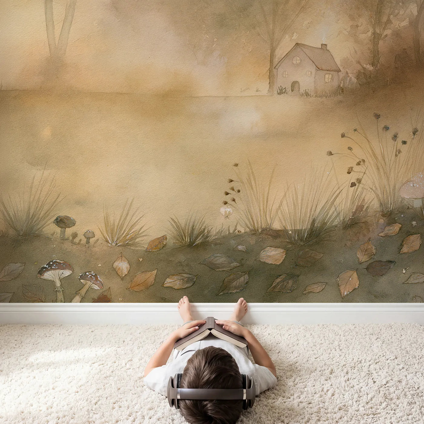 Child in nursery with Golden Cottage Dusk Wallpaper Mural by Whimsy Tots