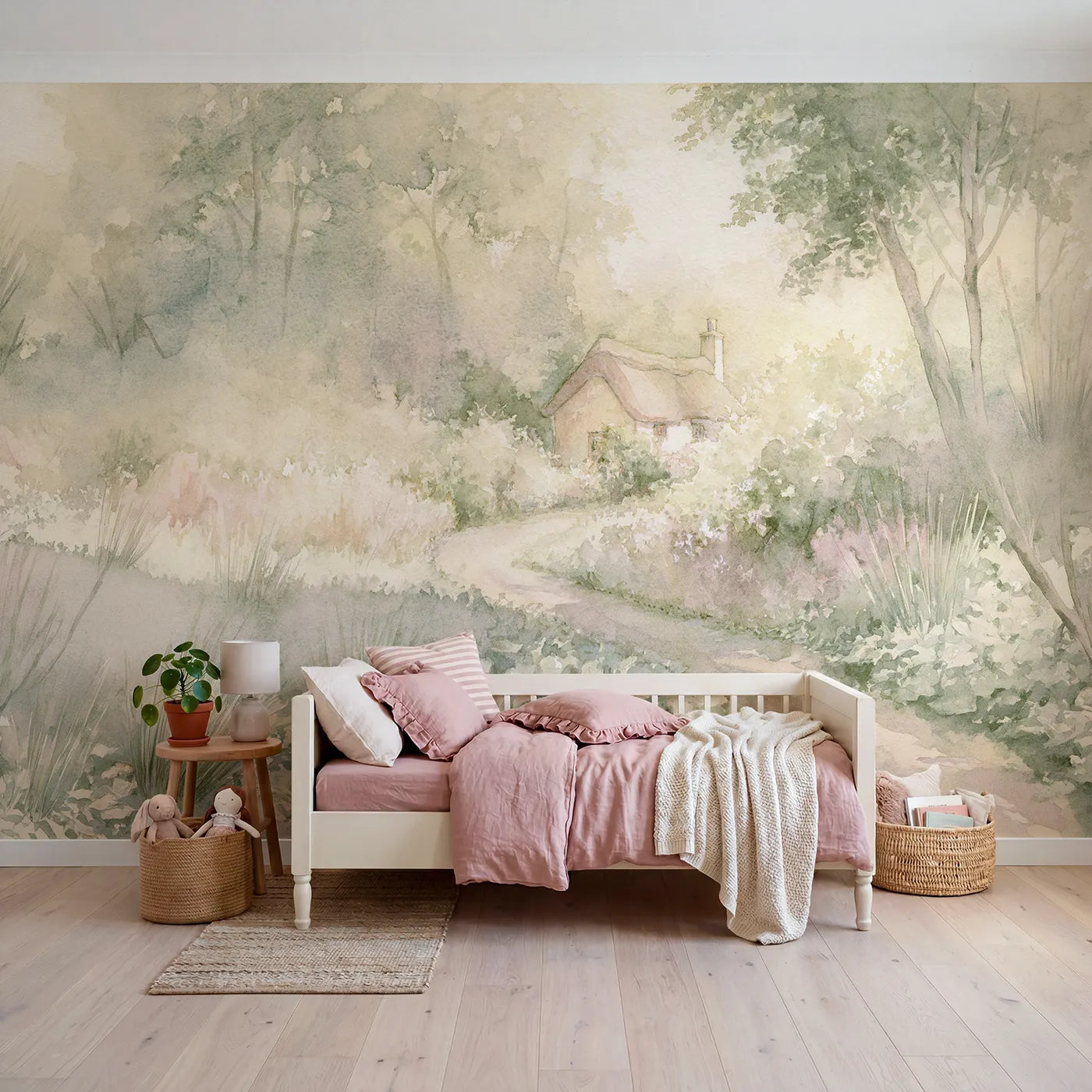 Storybook wall mural of a dewy garden path by Whimsy Tots