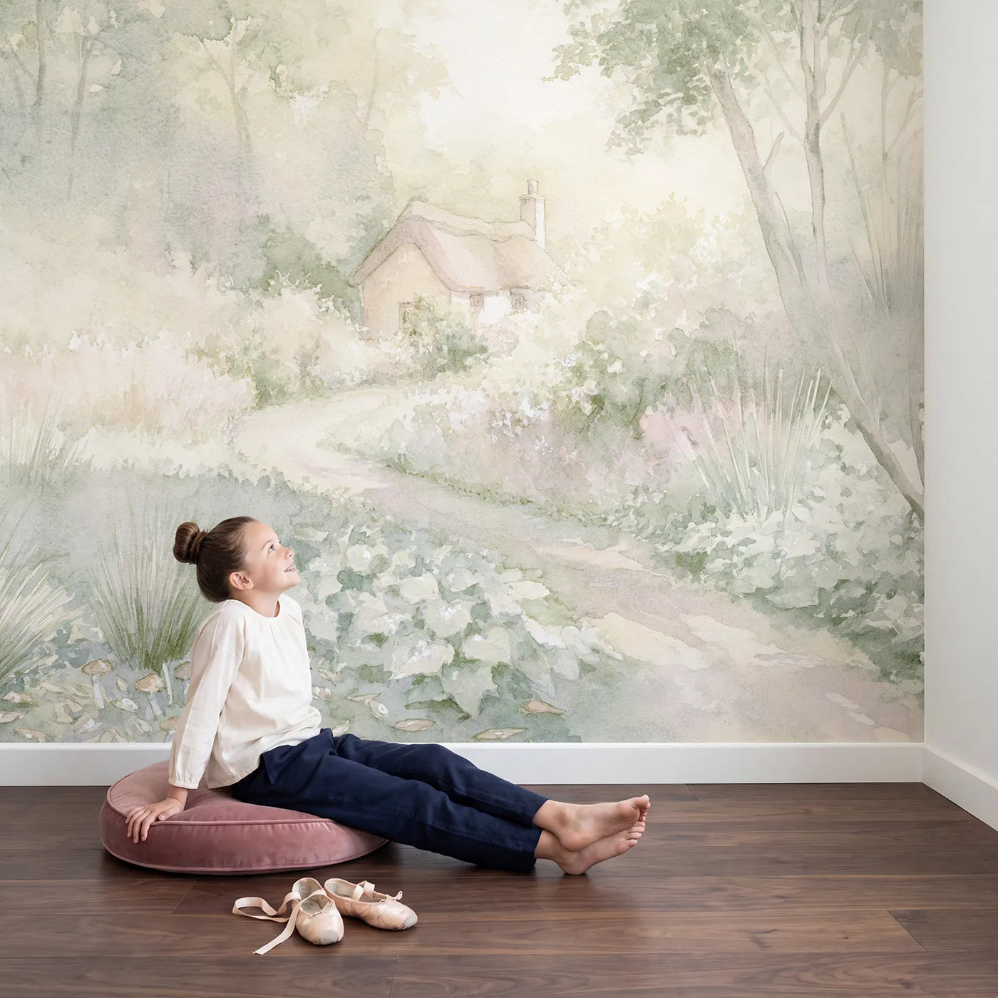 Child in nursery with Dewy Garden Path Wallpaper Mural by Whimsy Tots
