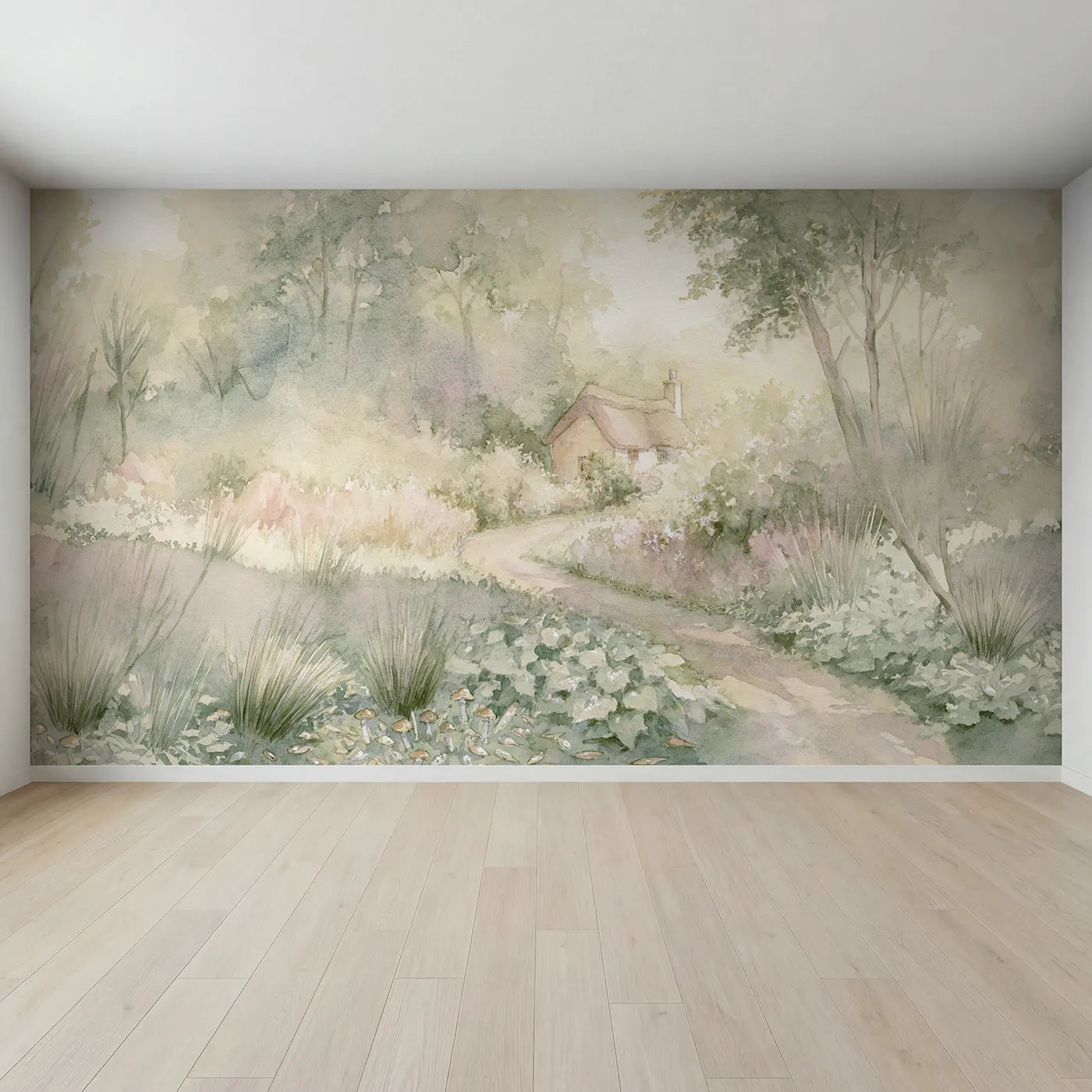 Full view of Dewy Garden Path Wallpaper Mural by Whimsy Tots
