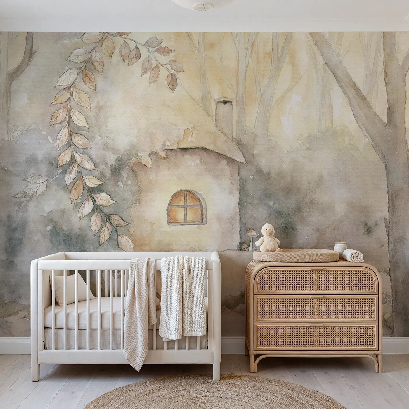 Storybook wall mural of a warm amber cottage window by Whimsy Tots