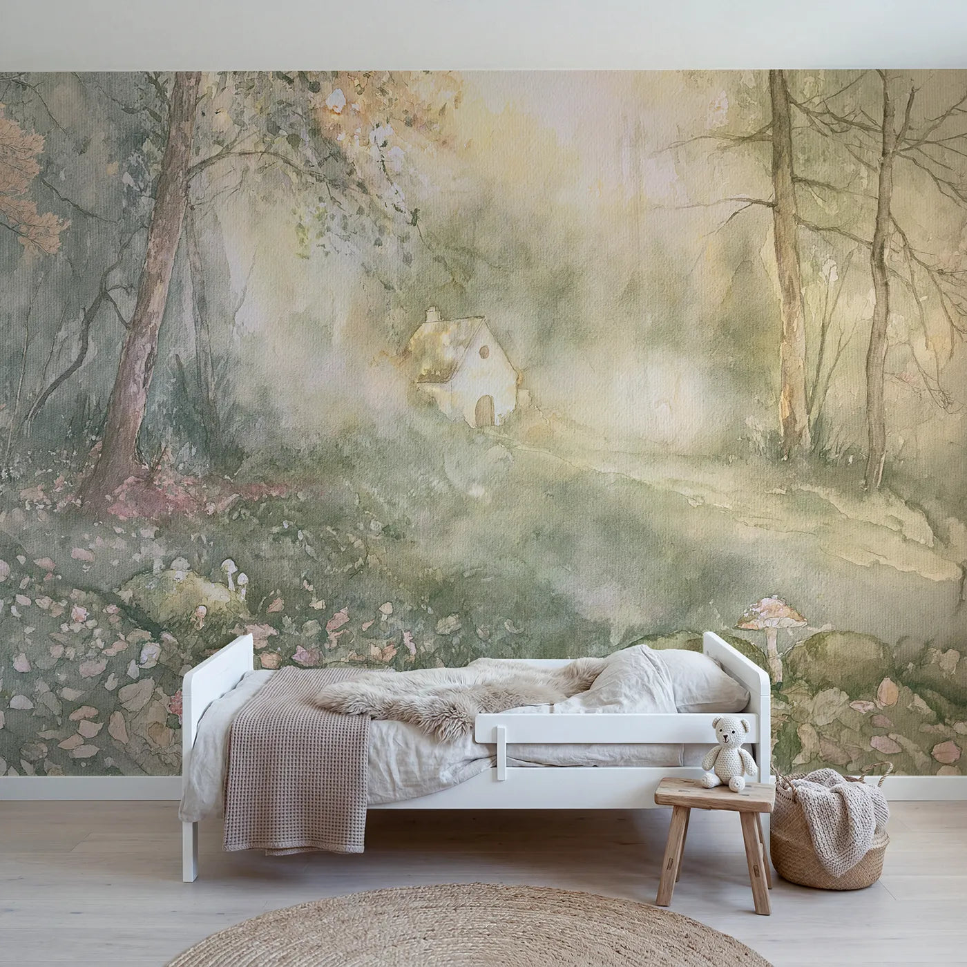 Storybook wall mural of a cottage through soft haze by Whimsy Tots
