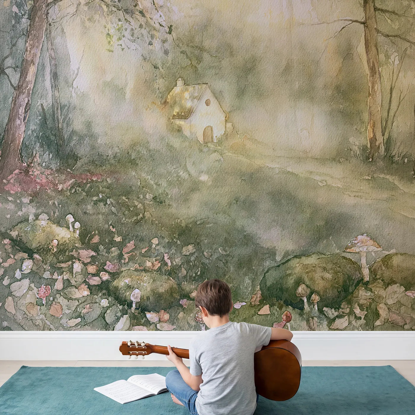 Child in nursery with Soft Cottage Haze Wallpaper Mural by Whimsy Tots