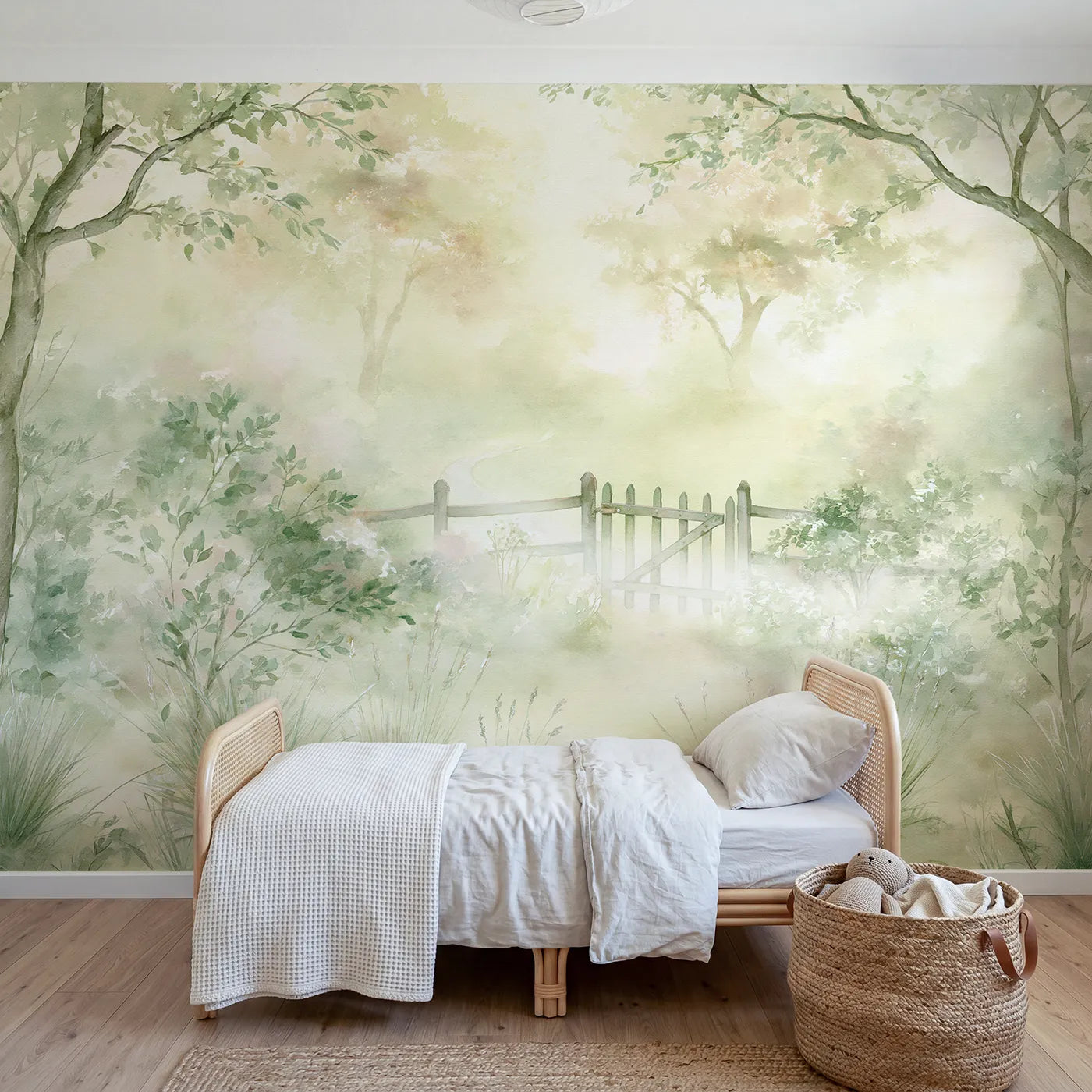 Storybook wall mural of a misty garden gate by Whimsy Tots