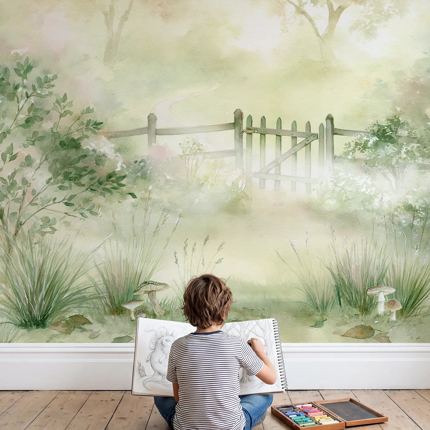 Child in nursery with Misty Garden Gate Wallpaper Mural by Whimsy Tots