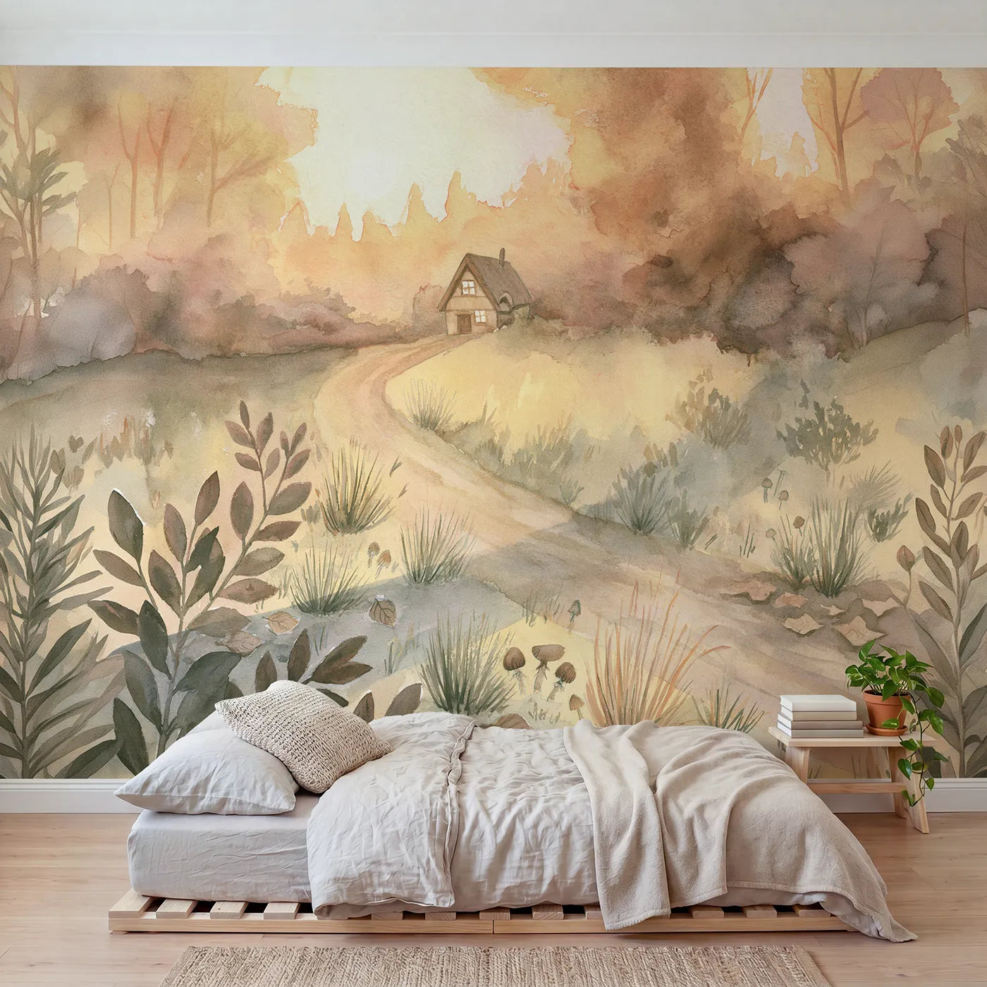 Storybook wall mural of a cozy evening lane by Whimsy Tots