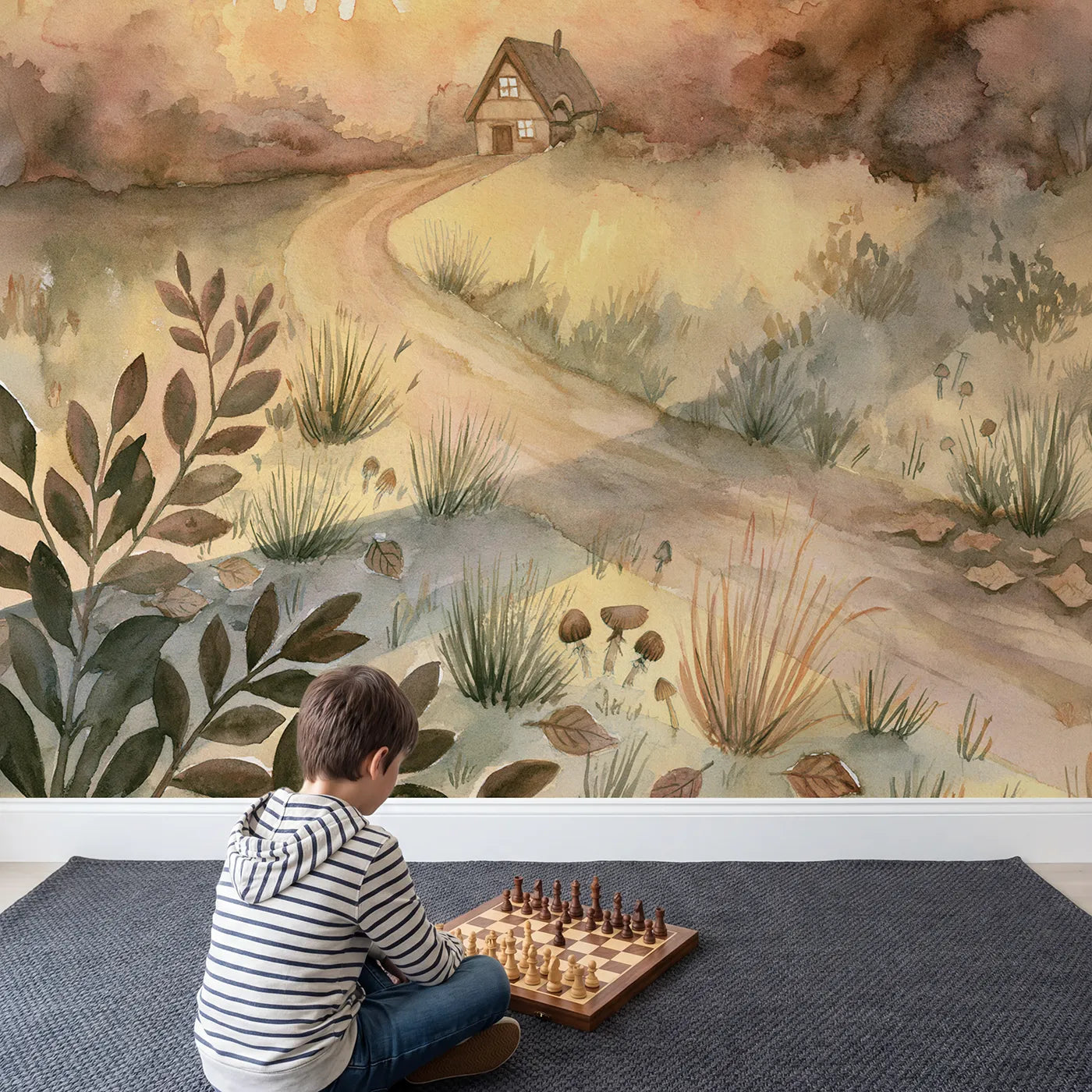 Child in nursery with Cozy Lane Evening Wallpaper Mural by Whimsy Tots