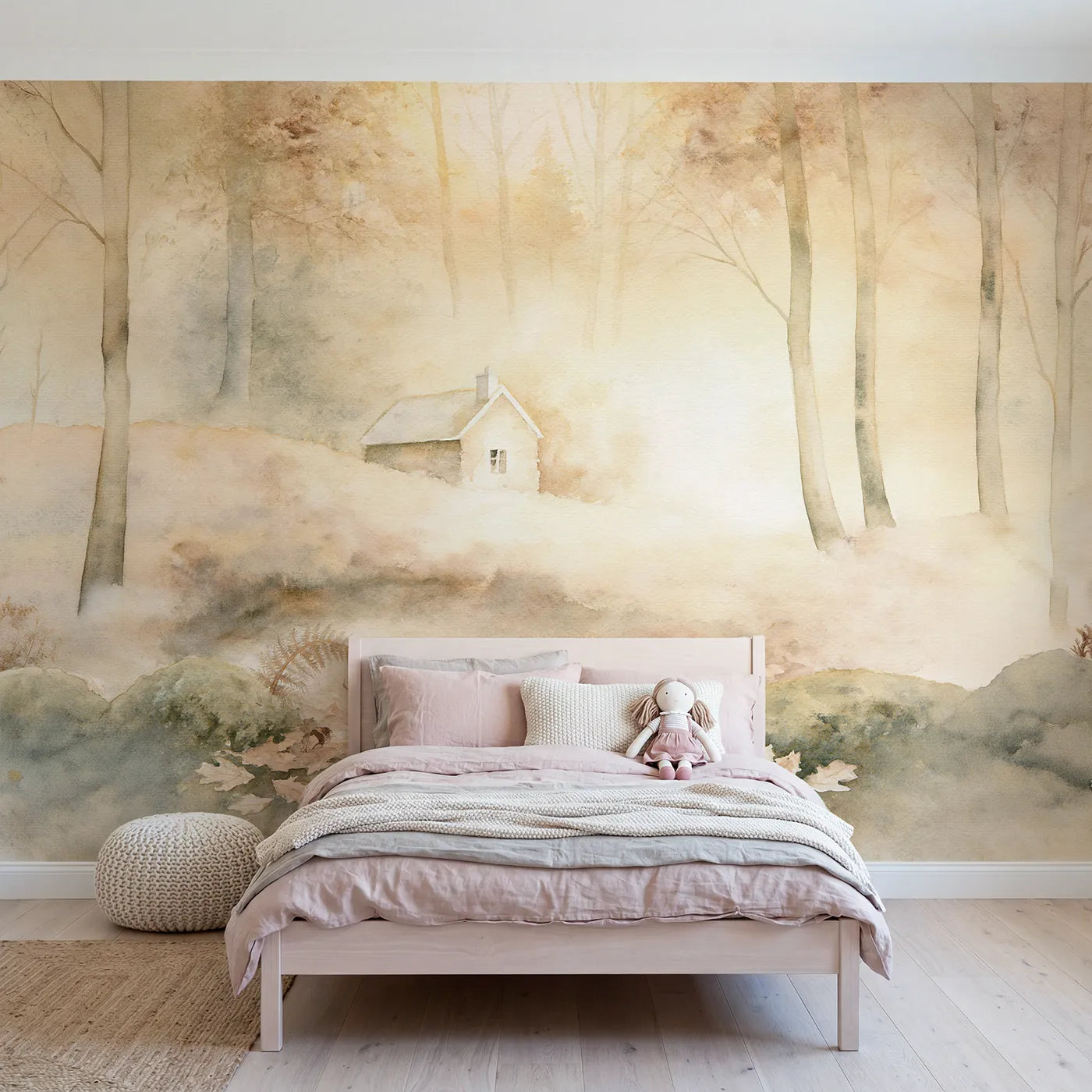 Storybook wall mural of a gentle glowing cottage by Whimsy Tots