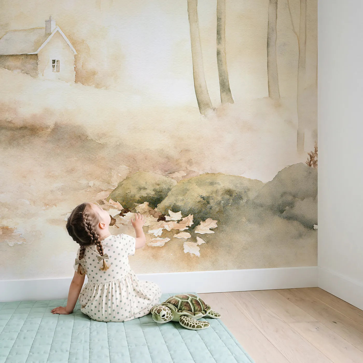 Child in nursery with Gentle Cottage Light Wallpaper Mural by Whimsy Tots