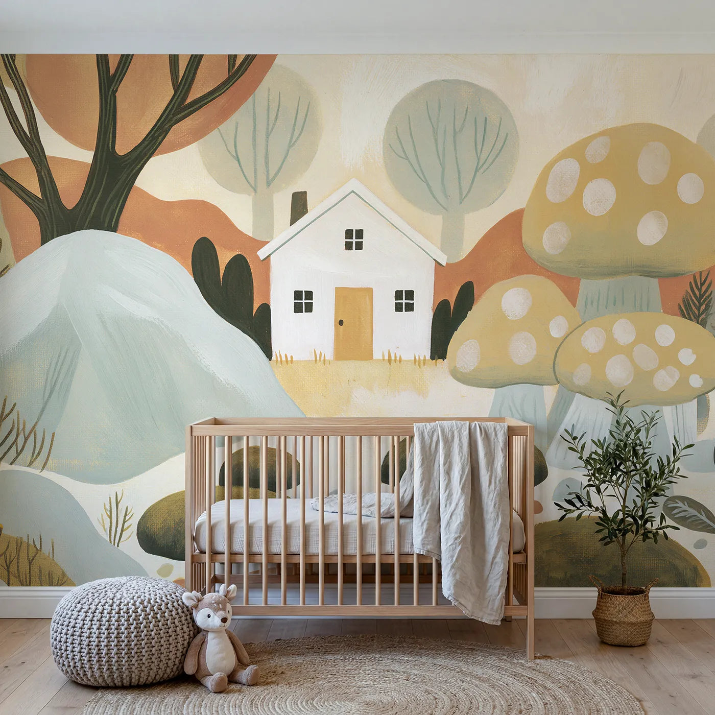 Folk gouache wall mural of a simple bold cottage by Whimsy Tots