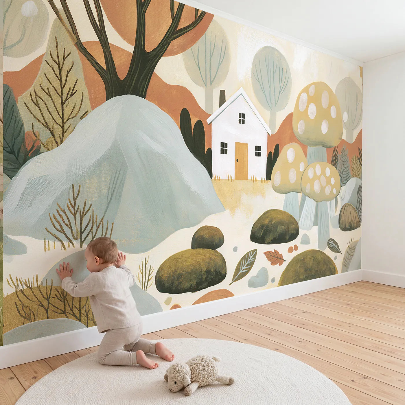Child in nursery with Folk Cottage Shape Wallpaper Mural by Whimsy Tots
