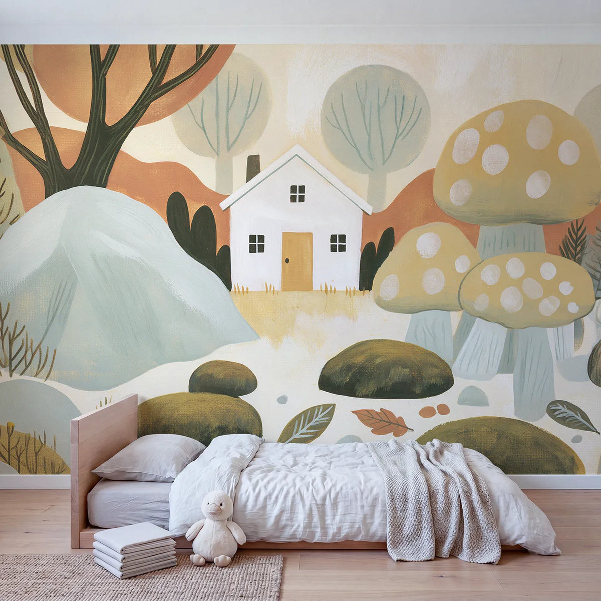 Folk Cottage Shape Wallpaper Mural in playroom setting by Whimsy Tots