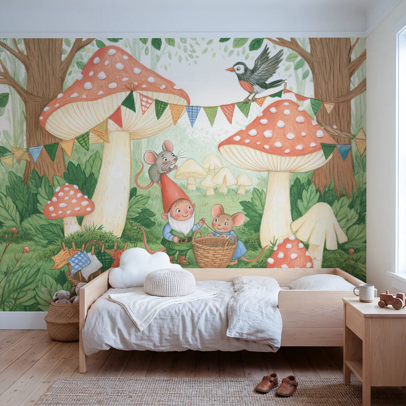 Colored Pencil bunting strung between two tall toadstools, mural for a playroom by Whimsy Tots