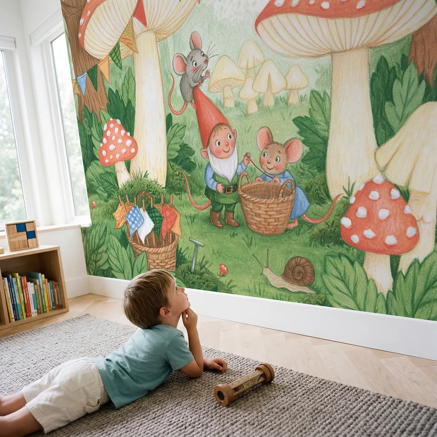 Child in nursery with Hanging the Bunting Wallpaper Mural by Whimsy Tots