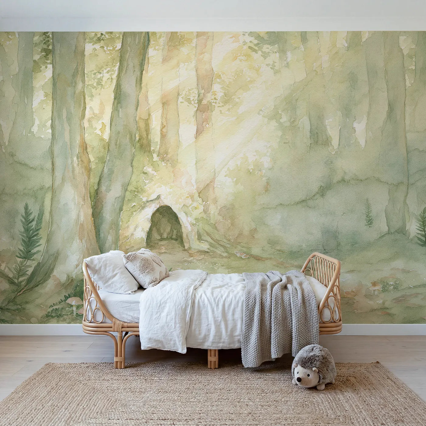 Storybook wall mural of a snug forest hollow by Whimsy Tots