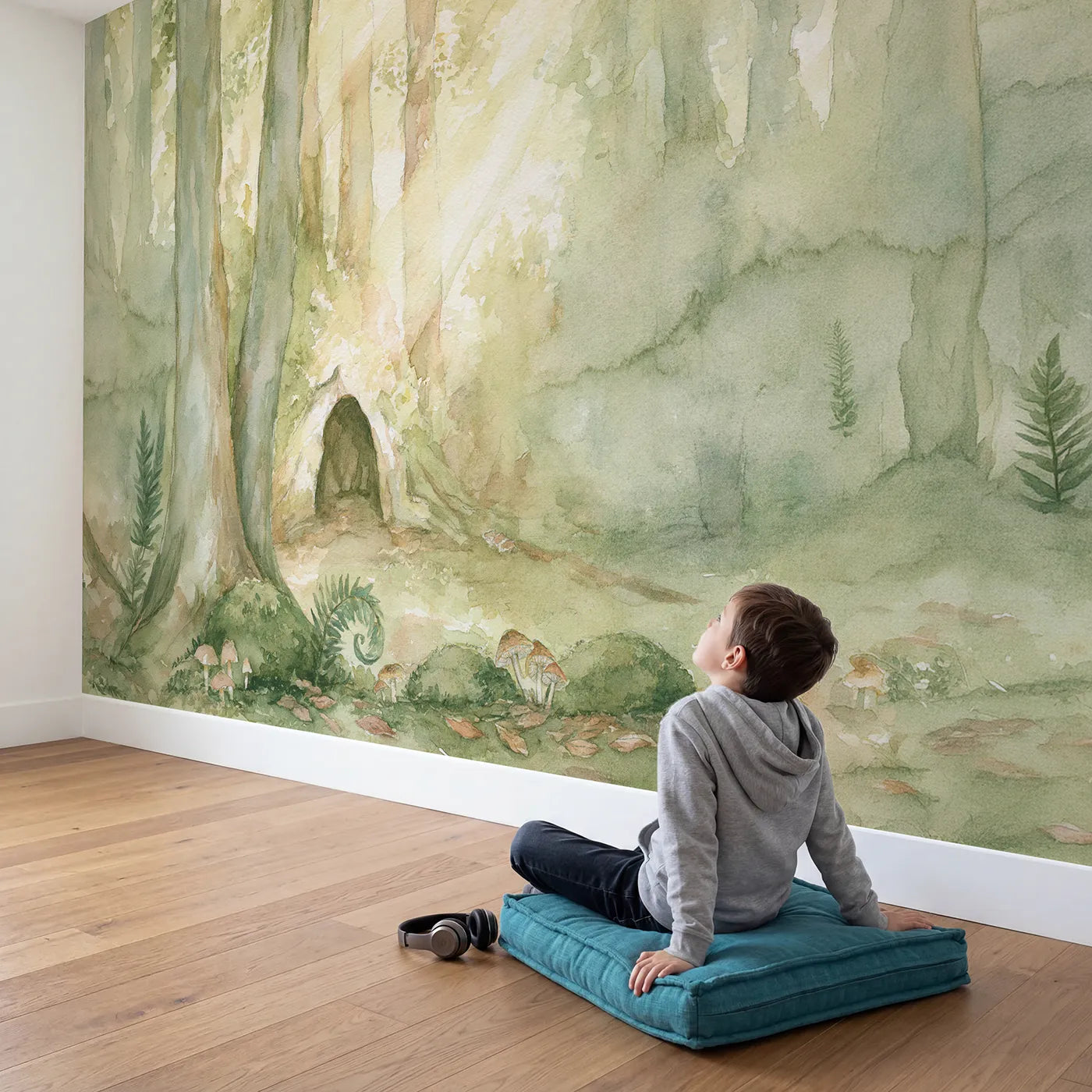 Child in nursery with Snug Forest Hollow Wallpaper Mural by Whimsy Tots