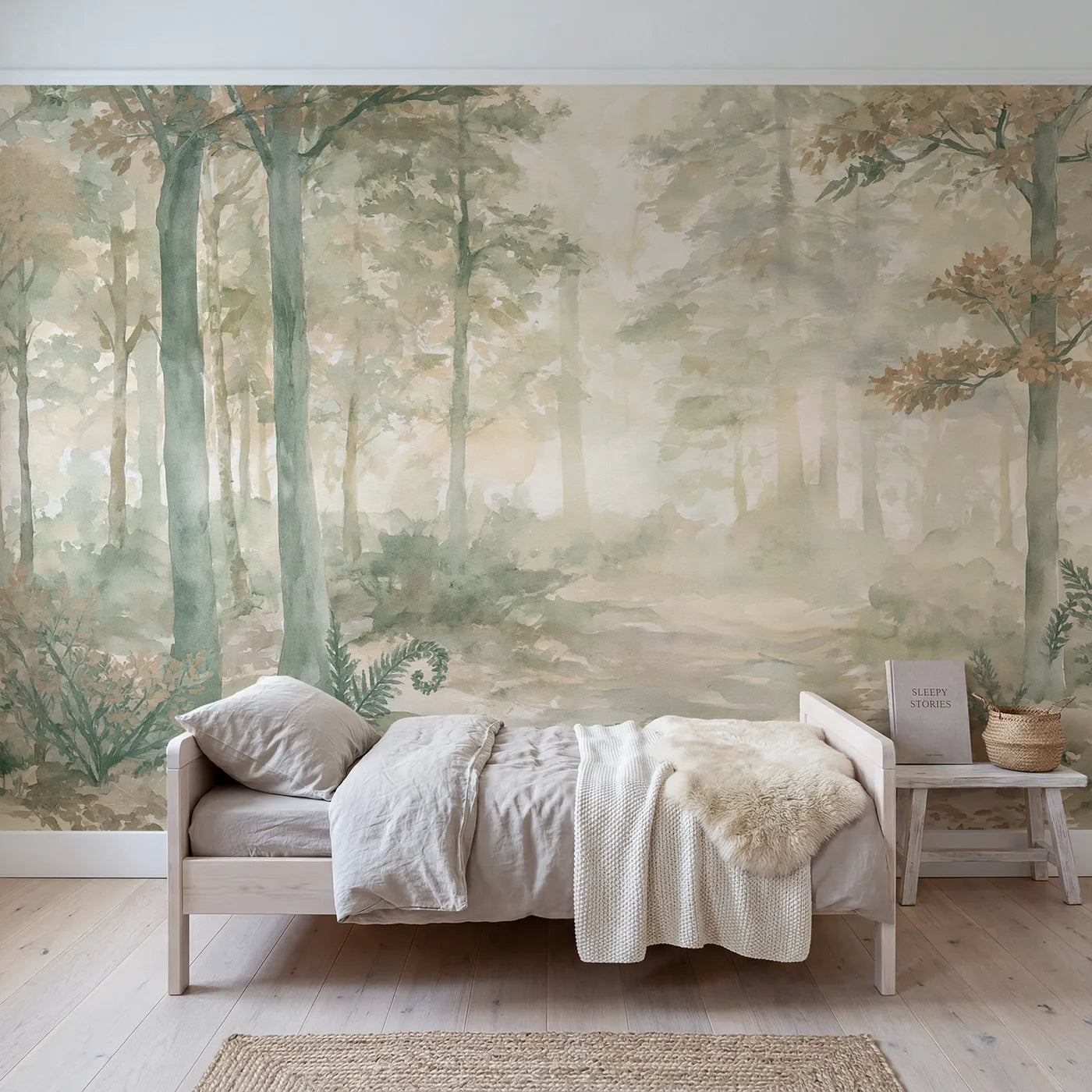 Storybook wall mural of a misty woodland nook by Whimsy Tots
