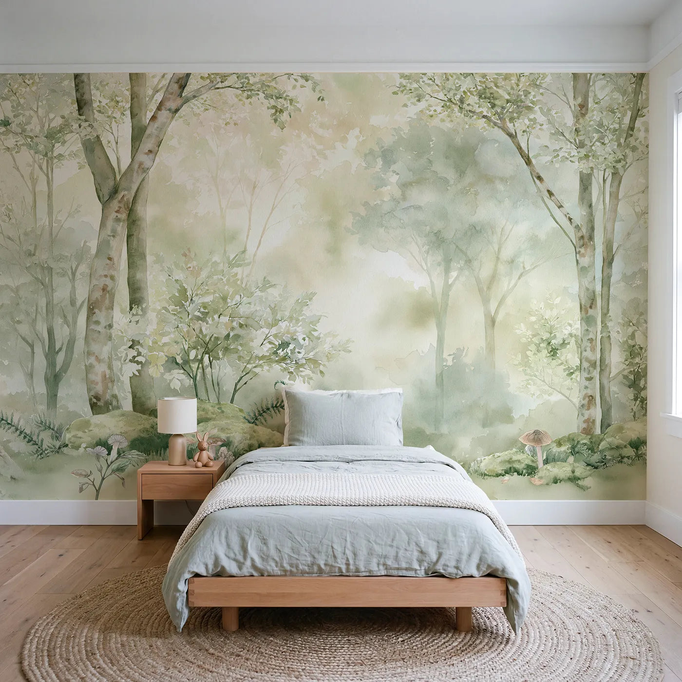 Storybook wall mural of a hazy forest corner by Whimsy Tots