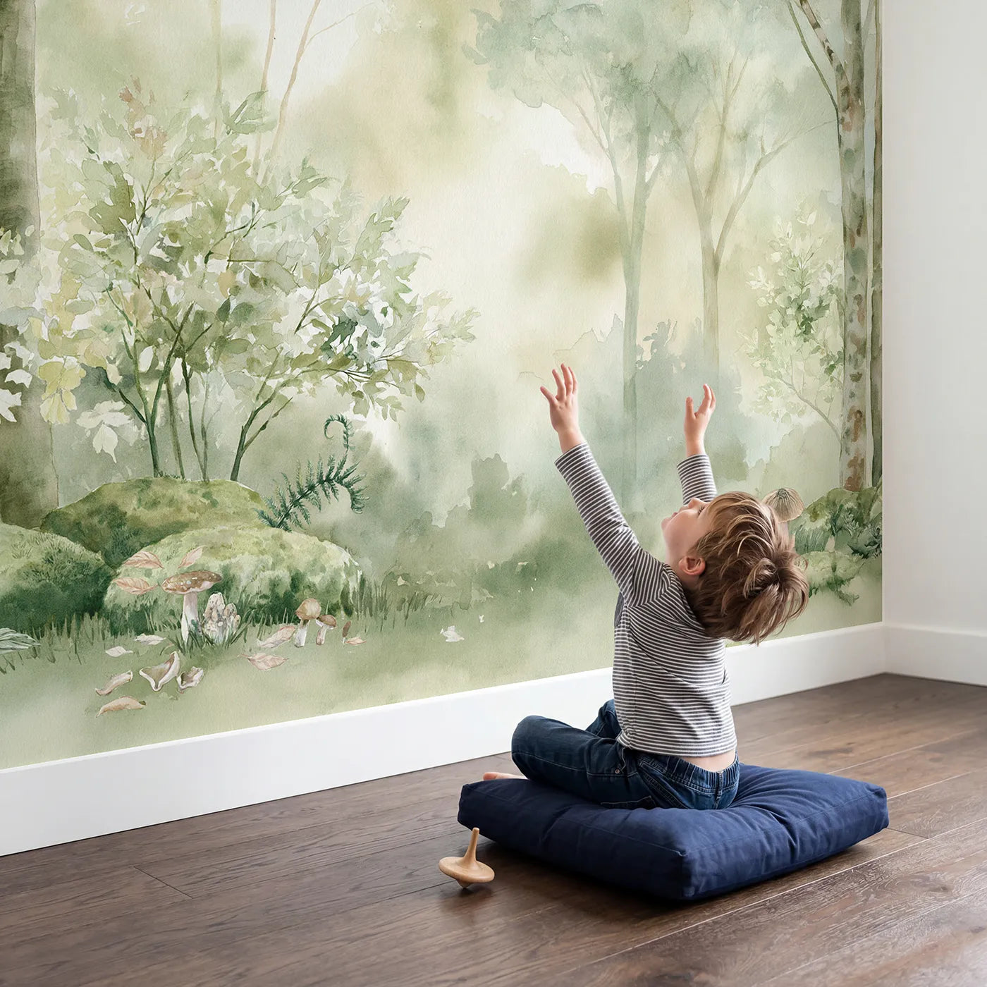 Child in nursery with Hazy Forest Corner Wallpaper Mural by Whimsy Tots